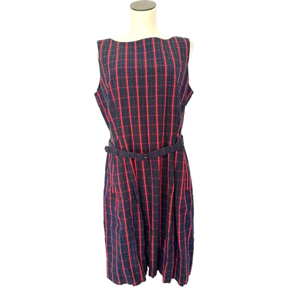 L.L. Bean Red & Blue Check Seer Sucker Sleeveless Dress Belted Size 16 - Picture 2 of 11